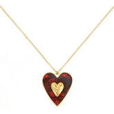 Gold necklace burgundy heart on fire