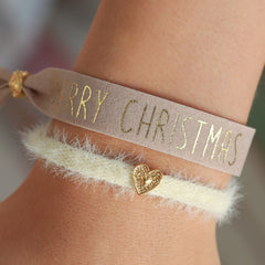 Suède armbandje Merry Christmas beige