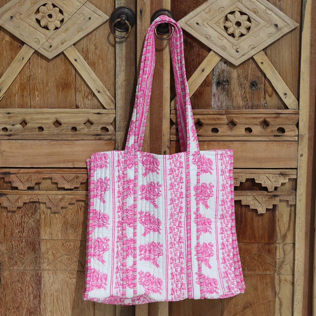 Bolso de hombro con estampado de bloques rosa/blanco