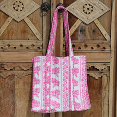 Bolso de hombro con estampado de bloques rosa/blanco