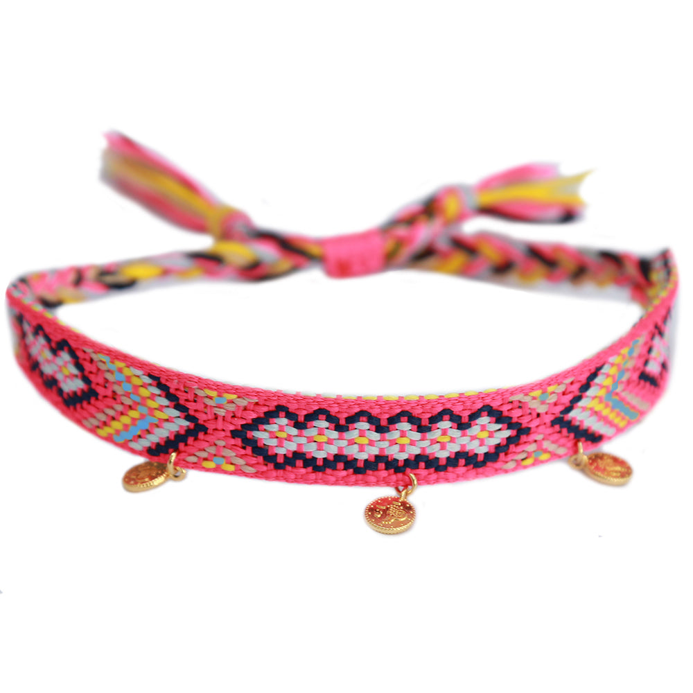 Tobillera de algodón azteca rosa moneda dorada