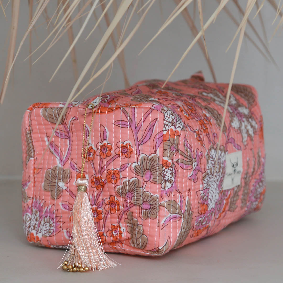 Blockprint toiletry bag Fez coral lilac flower M