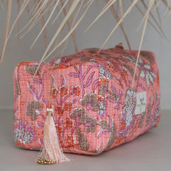 Blockprint toiletry bag Fez coral lilac flower M