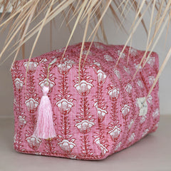 Blockprint toiletry bag Fez old pink flower L