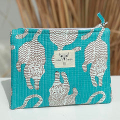 Kosmetiktasche mit Leopardenmuster in Türkis