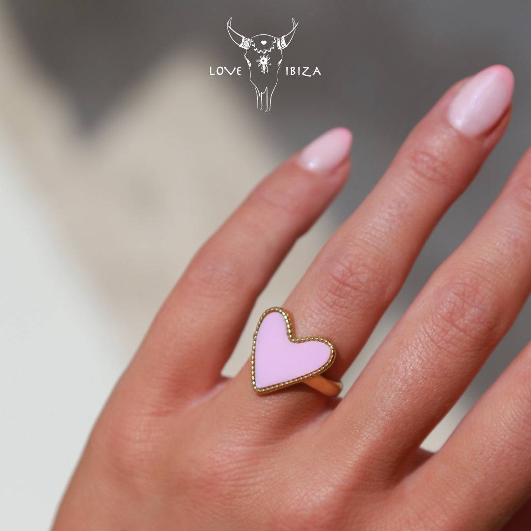 Bague dorée pois coeur rose