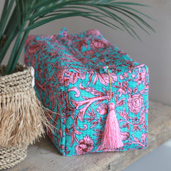 Bolso de baño con estampado de bloques Fez flor azul rosa L
