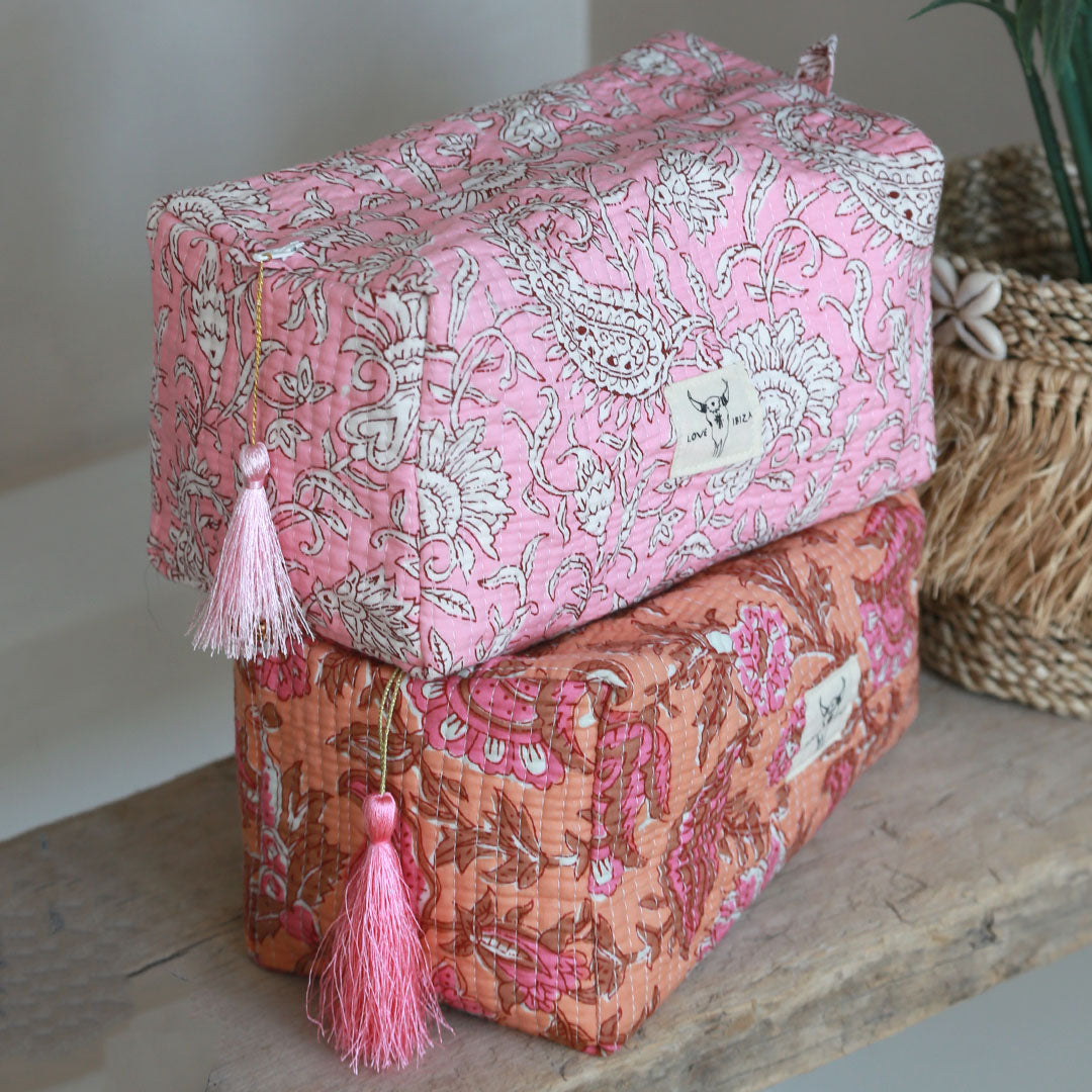 Bolso de baño con estampado de bloques Fez flor coral M