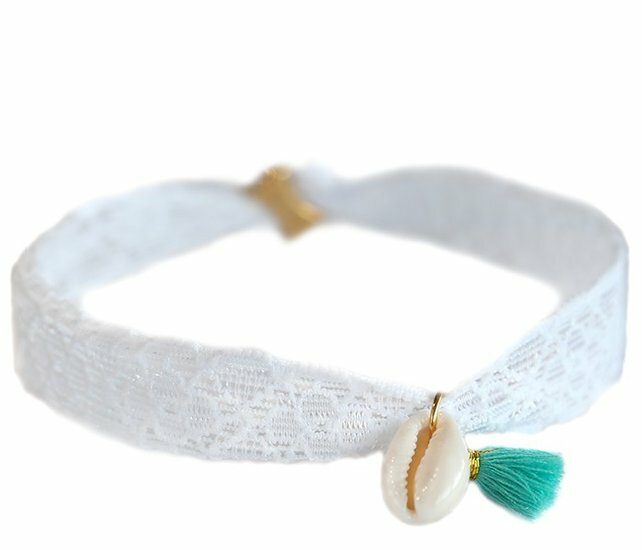 Bracelet de cheville coquillage dentelle blanche