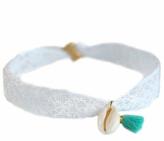 Bracelet de cheville coquillage dentelle blanche