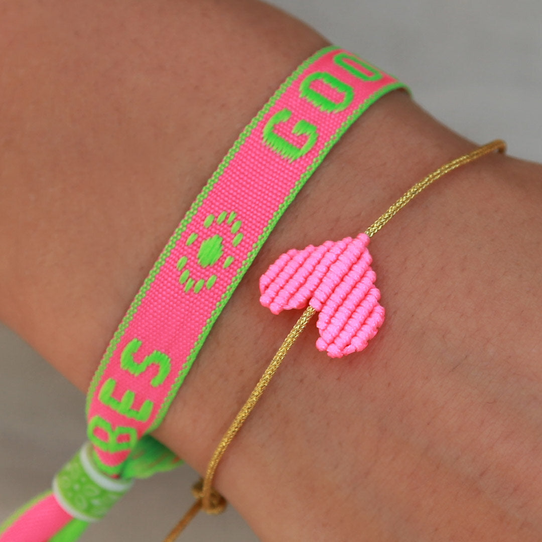Pulsera tejida buenas vibraciones neón